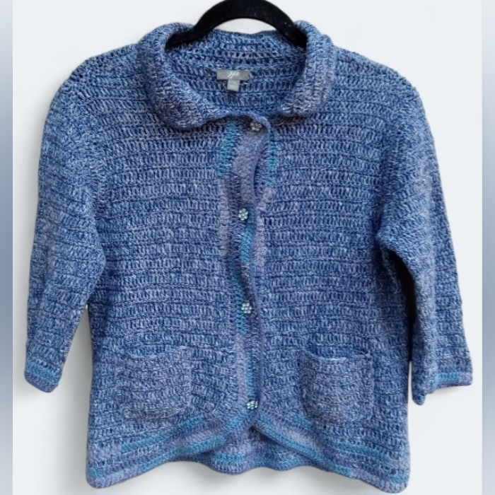 4/$10 J. Jill Crochet Blue Cardigan Jewel Flower Buttons Sparkle Trim Sz Small